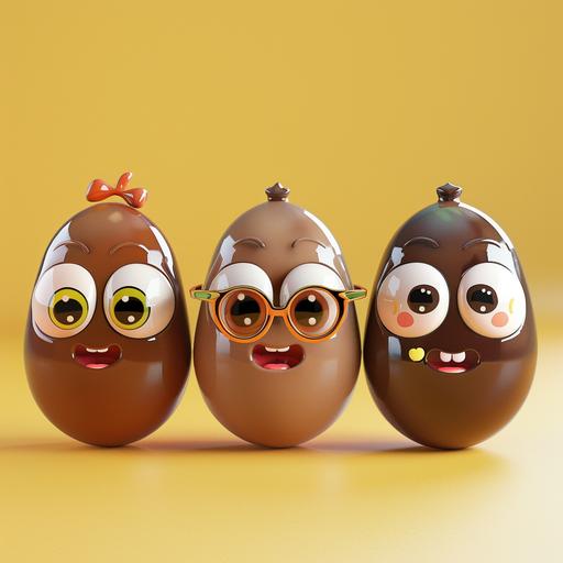 fun kawaii cute of five different baby cacao beans with round eyes smiley mouth like emoji, a bit japanese, soft 3D rendered, various emotion, wink, blink, hairy baby girl, baby bean with glasses