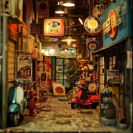 noir retro vibe, indoor street miniature, with roadsigns and street marquees, small shops selling music and vinyl records, another shop selling scooter and motorbike accessories, and mural from Led Zeppelin era, bits of Tokyo dark alleys
