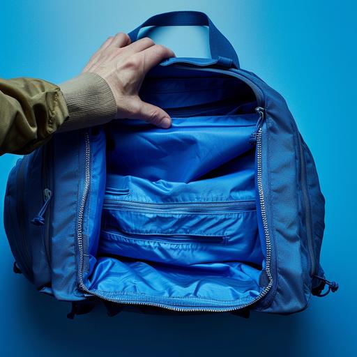 Please create a realistic photograph that vividly captures the following scene: an open blue backpack placed on a flat surface, viewed from a bird's eye perspective. The backpack has a simple, everyday design, resembling a typical backpack rather than an elegant one. It is made of a durable material suitable for everyday use. Upon inspection of the backpack's interior, it is revealed to be empty, displaying a clear blue lining. In the center of the backpack, there's a highlighted space as if awaiting an item to occupy it, inviting something to be placed within. Soft lighting from a nearby source enhances the details of the backpack and the blue lining, casting subtle shadows and accentuating its texture in a manner that mimics real-life lighting conditions. Suddenly, a common hand approaches from the edge of the backpack, as if about to grasp something from within. The fingers are slightly apart, ready to close around the object about to be taken. The skin of the hand is natural, with no particular emphasis on delicacy, and light reflects off its contours, adding a sense of realism to the scene. The atmosphere is filled with anticipation and mystery, as if the object the hand is about to grasp is of great importance. The combination of the blue backpack, the highlighted central space, and the extended hand creates an intriguing image full of possibilities.