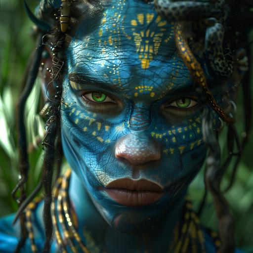 photo realistic, cinematic, fantasy, hyper detailed, blue tribal man face with avatar tattoos of light, piercings and snakes as dreadlocks, piercing green eyes, jungle v 6 --s 250 --v 6.0