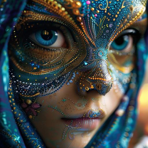 photo realistic, hyper detailed, cinematic, beautiful pixie alien girl with large fractal eyes, sacred geometry fractal tattoos of light, portrait, vibrant colours, --v 6.0 --s 250