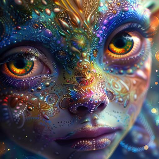 photo realistic, hyper detailed, cinematic, beautiful pixie alien girl with large fractal eyes, sacred geometry fractal tattoos of light, portrait, vibrant colours, --v 6.0 --s 250