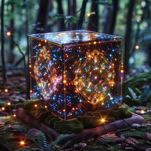 photo realistic, hyper detailed, cinematic, fantasy, metatron cube sacred geometry box, fractals, in an ancient forest, fairy lights, mushrooms, vibrant colours, --v 6.0 --s 250