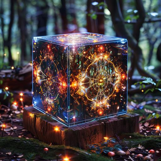 photo realistic, hyper detailed, cinematic, fantasy, metatron cube sacred geometry box, fractals, in an ancient forest, fairy lights, mushrooms, vibrant colours, --v 6.0 --s 250