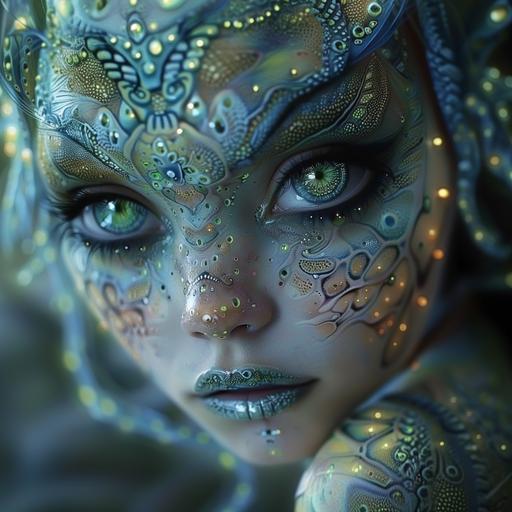 photo realistic, hyper detailed, cinematic, portrait of a beautiful pixie alien girl with large fractal eyes, sacred geometry fractal tattoos of light, vibrant colour, green --v 6.0 --s 250