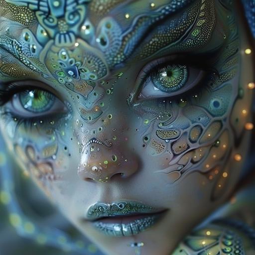 photo realistic, hyper detailed, cinematic, portrait of a beautiful pixie alien girl with large fractal eyes, sacred geometry fractal tattoos of light, vibrant colour, green --v 6.0 --s 250