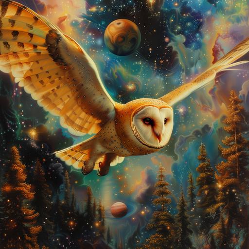 photo realistic, hyper detailed, fantasy, metaphysical, barn owl in glowing vibrant psychedelic tattoos, flying over an ancients forest, starry sky, planets, --v 6.0 --s 250
