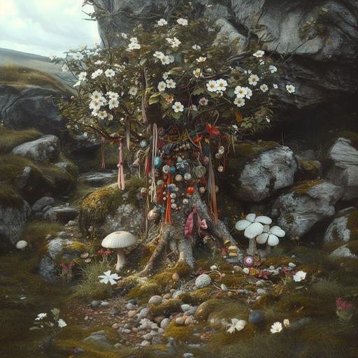 photo realistic, hyper detailed, fantasy, metaphysical, hawthorn fairy tree with thorns, vibrant multicoloured ribbons and trinkets tied onto branches, in an ancient irish landscape, mushroom, white flowers, rocks, mossy, --v 6.0 --s 250