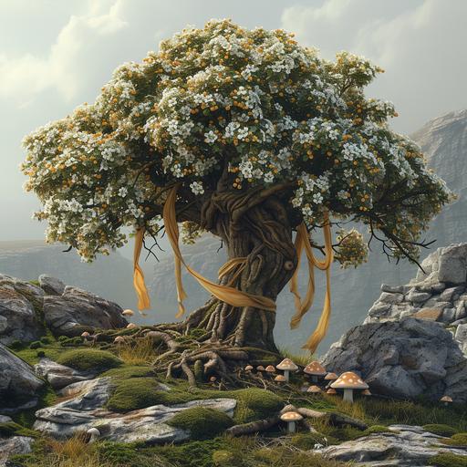 photo realistic, hyper detailed, fantasy, metaphysical, hawthorn fairy tree with thorns, vibrant ribbons tied onto branches, in an ancient irish landscape, mushroom, white flowers, rocks, mossy, --v 6.0 --s 250