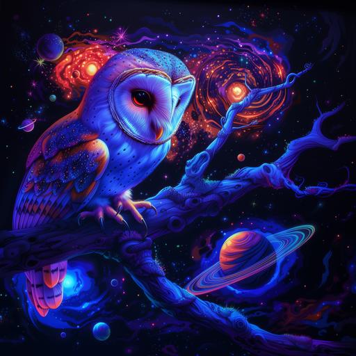 photo realistic, hyper detailed, fantasy, metaphysical, barn owl neon tattoos on a branch, looking with big eyes at space, planets, stars, psychedelic swirls, --v 6.0 --s 250