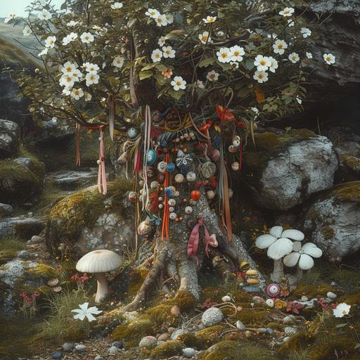 photo realistic, hyper detailed, fantasy, metaphysical, hawthorn fairy tree with thorns, vibrant multicoloured ribbons and trinkets tied onto branches, in an ancient irish landscape, mushroom, white flowers, rocks, mossy, --v 6.0 --s 250