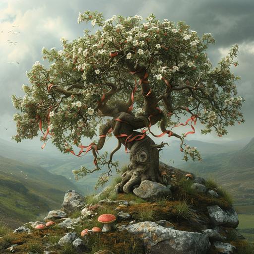 photo realistic, hyper detailed, fantasy, metaphysical, hawthorn fairy tree with thorns, vibrant ribbons tied onto branches, in an ancient irish landscape, mushroom, white flowers, rocks, mossy, --v 6.0 --s 250