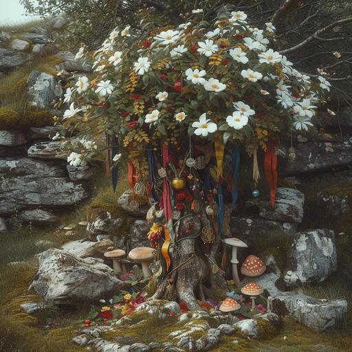 photo realistic, hyper detailed, fantasy, metaphysical, hawthorn fairy tree with thorns, vibrant multicoloured ribbons and trinkets tied onto branches, in an ancient irish landscape, mushroom, white flowers, rocks, mossy, --v 6.0 --s 250