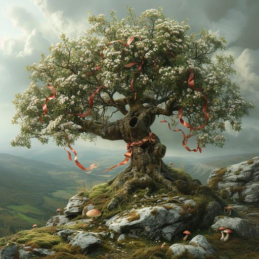 photo realistic, hyper detailed, fantasy, metaphysical, hawthorn fairy tree with thorns, vibrant ribbons tied onto branches, in an ancient irish landscape, mushroom, white flowers, rocks, mossy, --v 6.0 --s 250
