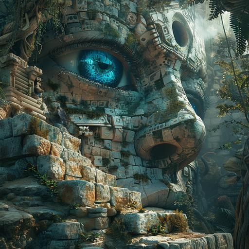 photo realistic, hyper detailed, metaphysical, psychedelic piercing blue fractal earth eye in ancient jungle, snakes, Mayan stone ruins, v 6 --s 250 --v 6.0