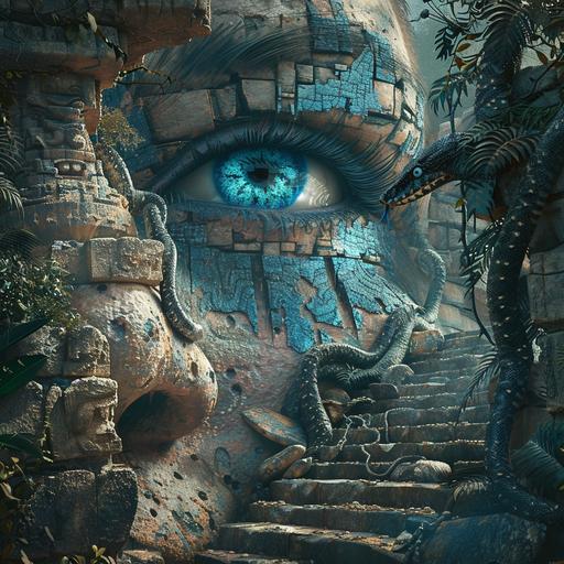 photo realistic, hyper detailed, metaphysical, psychedelic piercing blue fractal earth eye in ancient jungle, snakes, Mayan stone ruins, v 6 --s 250 --v 6.0