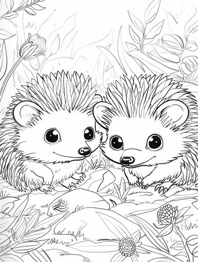 coloring pages for couples, a baby Hedgehogs couple, cartoon style, thick outline, low detail, no shading --ar 3:4