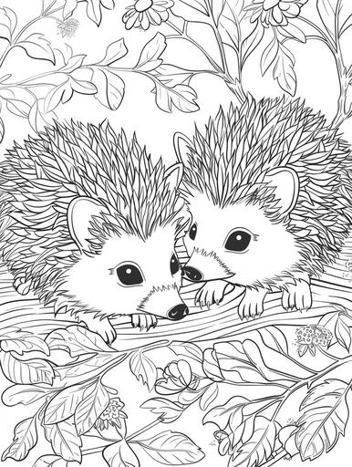 coloring pages for couples, a baby Hedgehogs couple, cartoon style, thick outline, low detail, no shading --ar 3:4