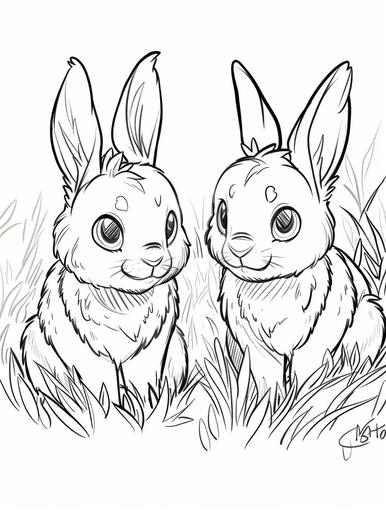 coloring pages for couples, a baby bunnies couple, cartoon style, thick outline, low detail, no shading --ar 3:4