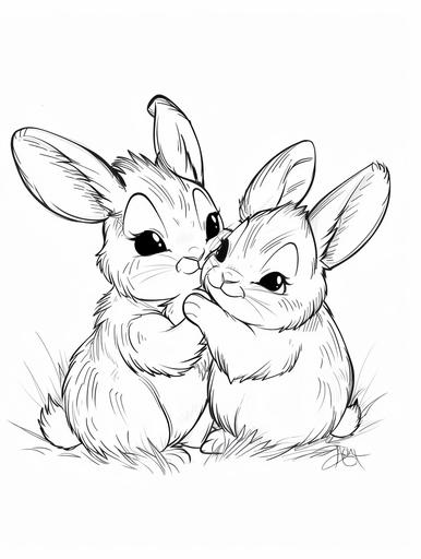 coloring pages for couples, a baby bunnies couple, cartoon style, thick outline, low detail, no shading --ar 3:4