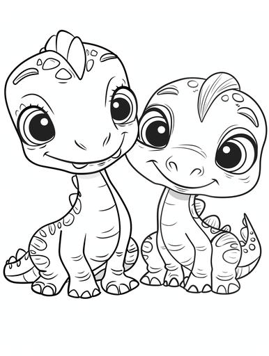 coloring pages for couples, a baby dinosaur couple with the big head, big eyes, cartoon style, thick outline, low detail, no shading --ar 3:4