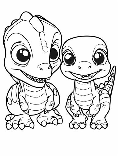 coloring pages for couples, a baby dinosaur couple with the big head, big eyes, cartoon style, thick outline, low detail, no shading --ar 3:4