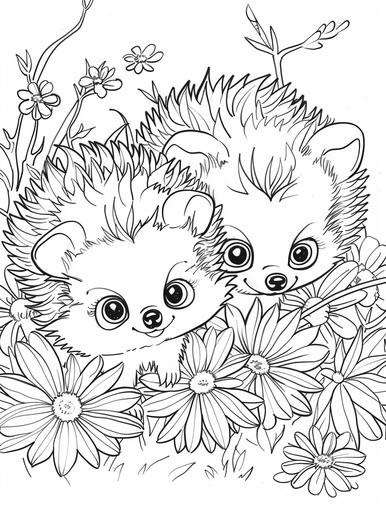 imagine, space key, 복붙 coloring pages for couples, a baby Hedgehogs couple, cartoon style, thick outline, low detail, no shading --ar 3:4