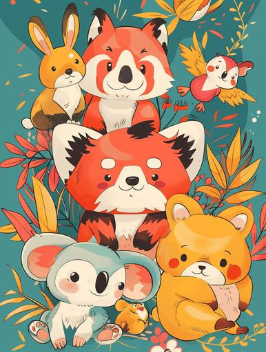 kids illustration, bunnies, puppies, red-pandas, koalas, penguins, friends, cartoon style, thick lines, low detail, vivid color --ar 3:4