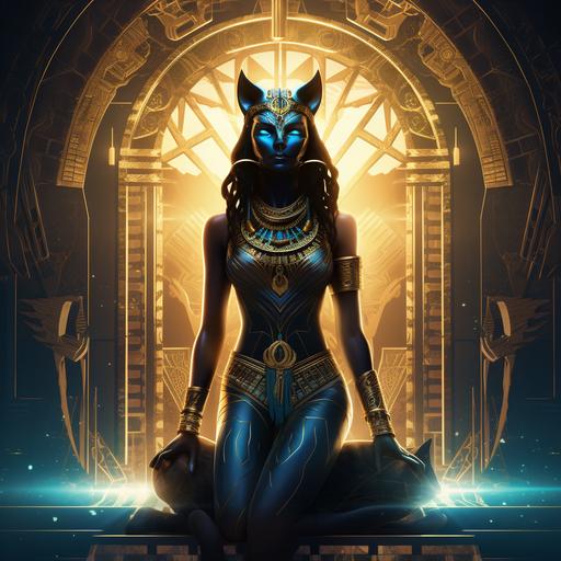 Realistic, Sensual silhouette of Egyptian goddess Bastet, woman with the face of black cat, in glory light, royal, phenomenal, rich clothes, precious stones, carrying a golden wreath in her hand. In the interior of an bright temple, richly decorated, illuminated hieroglyphs, Egyptian pyramid motifs, sacred geometry. Gold, cobalt and turquoise colors and vivid colours. Photorealistic. Sharp.