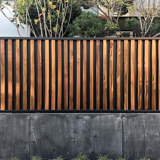 front shot of Sash slats in dark brown wood with a black top and bottom concrete fence. The wooden fence is sanded with the side of the wall showing