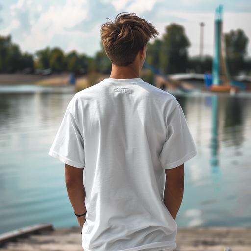 man in a white blank Gildan T-shirt, standing with his back to the wake park