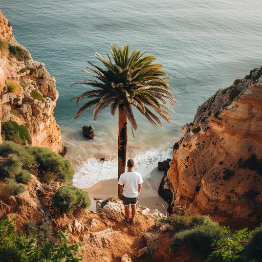 man in a white blank T-shirt walking backwards down a cliff on a beach in Portugal, around a palm tree
