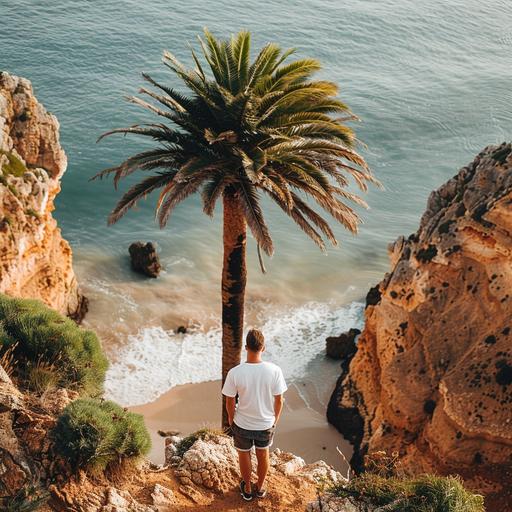 man in a white blank T-shirt walking backwards down a cliff on a beach in Portugal, around a palm tree