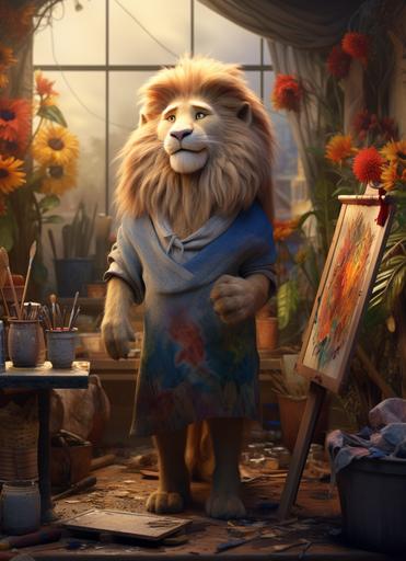 A pixar lion artist, art costumes, in a painting studio, 8K, --ar 67:92
