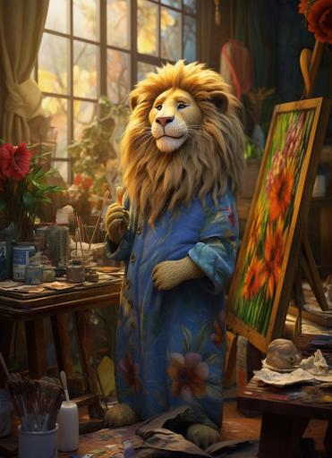 A pixar lion artist, art costumes, in a painting studio, 8K, --ar 67:92