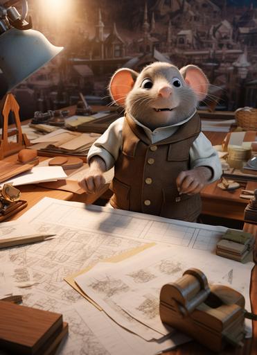 A pixar mole architect, drawing, drawing maps are around, paper scrolls, working in an architectral office, full body, 8K, --ar 67:92