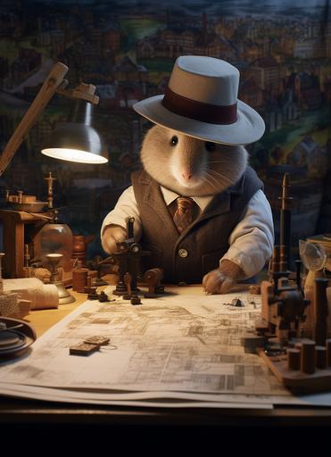 A pixar mole architect, drawing, drawing maps are around, paper scrolls, working in an architectral office, full body, 8K, --ar 67:92