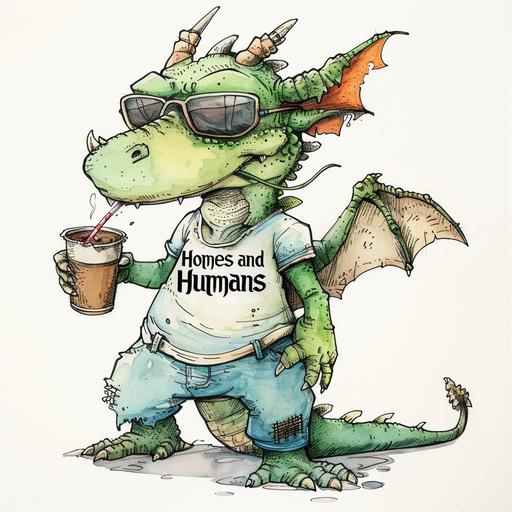 Ultra cartoon animated dragon, in casual clothes, sunglasses and drinking coffee, Solid white color background , t-shirt says 