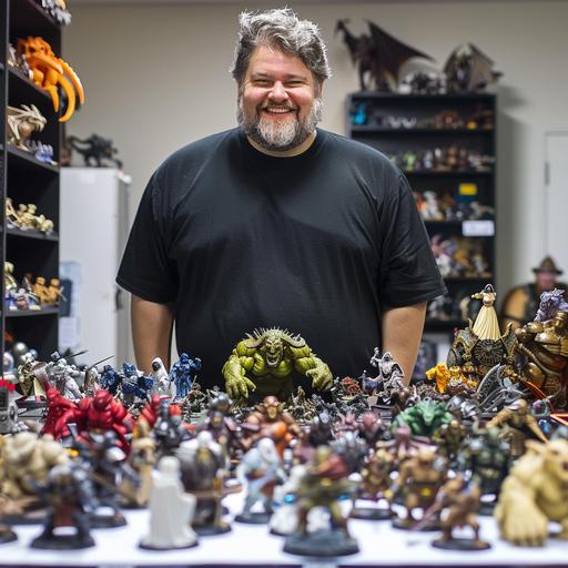 a 45 year old slightly overweight man standing behind a table, wearing a plain black t-shirt , smiling at the camera surrounded by Dungeons and Dragons miniature figurines