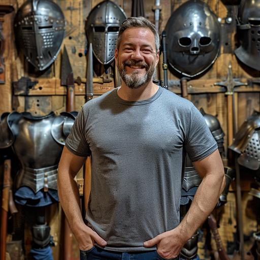 a 45 year old slightly overweight man wearing a clean plain athletic grey hex 898d8d t-shirt and bluejeans smiling at the camera surrounded by medieval weapons and armor.