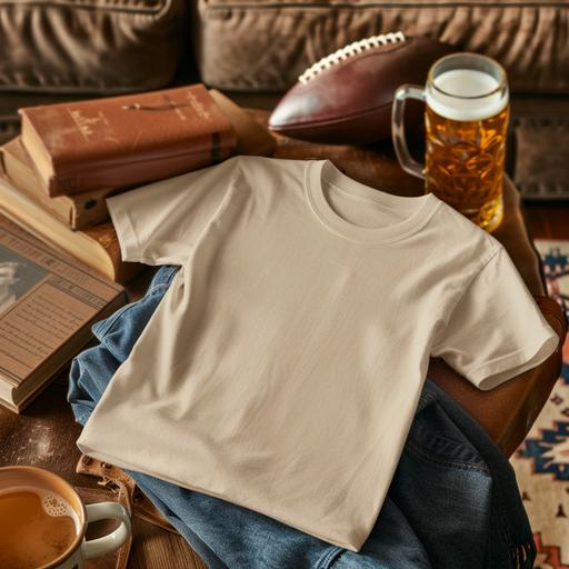 folded t-shirt mockup, plain natural colored Bella-Canvs 3001 t-shirt, laying on a livingroom table with a mug of beer and an American Football