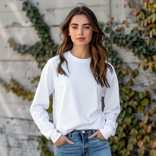 mockup of 20-30 year old female model wearing a white 6014 Adult Long Sleeve-shirt T