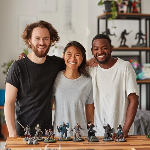 mockup of 3 adult friends, 2 males, and 1 female, standing behind a table of DnD minature figurines, wearing a plain Bella-Canvas 3001 t-shirt, white t-shirt, black t-shirt, light grey t-shirt, smiling, arms around each other. --v 6.0
