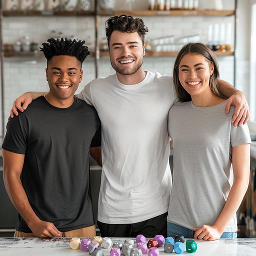 mockup of 3 adult friends, 2 males, and 1 female, standing behind a table of 20-sided dice each wearing a plain Bella-Canvas 3001 t-shirt, white t-shirt, black t-shirt, light grey t-shirt, smiling, arms around each other.