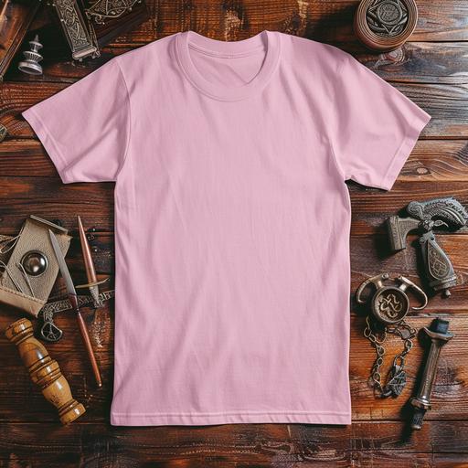 mockup of a plain pink Bella-Canvas 3001 t-shirt on a wood table surrounded by items a Dungeons and dragons thief would use