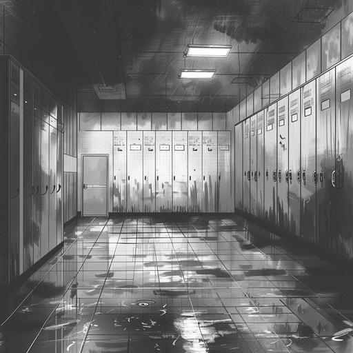 black and white manga draiwng of an empty locker room with running showers