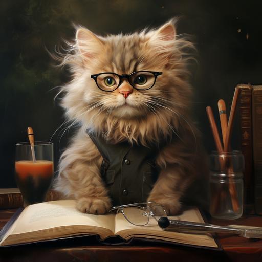 2559_Can I have a cute cat with glasses who teaches biology, and next to him are textbooks on chemistry and Belarusian? --ar 1:1