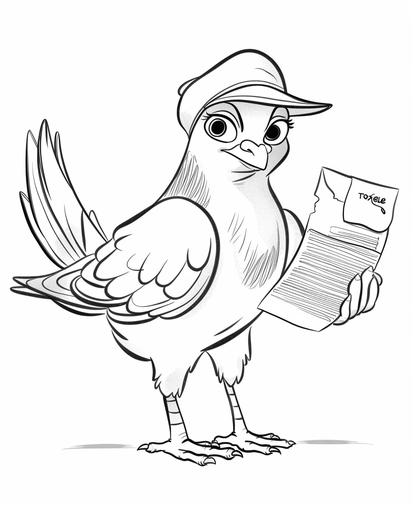 Coloring page for children, Postal Pigeon, cute cartoon style, thick lines, low details, no shading --ar 9:11