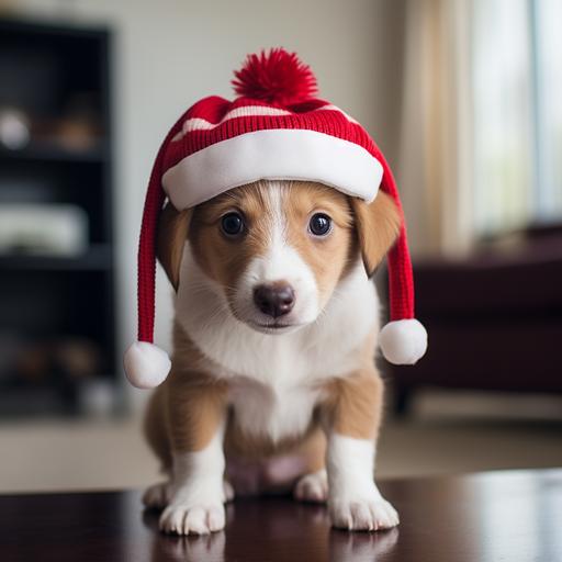 a baby dog with a noel hat