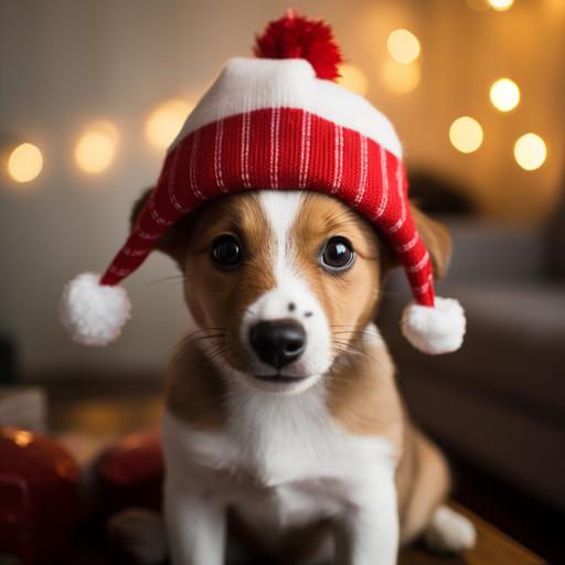 a baby dog with a noel hat